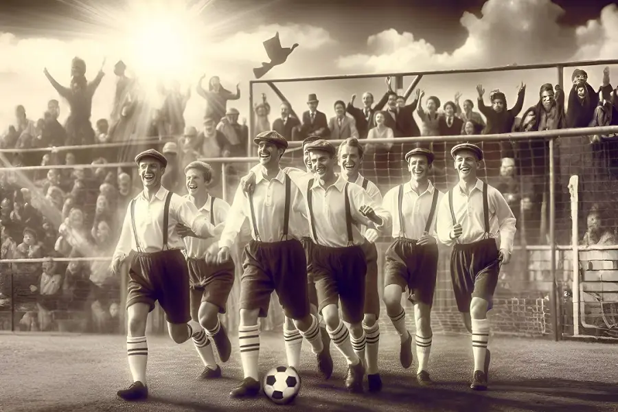 Imagem que mostra a evolução do futebol ao longo dos séculos, desde os jogos antigos até o esporte moderno. Jogadores de diferentes épocas são representados, destacando a transição histórica.