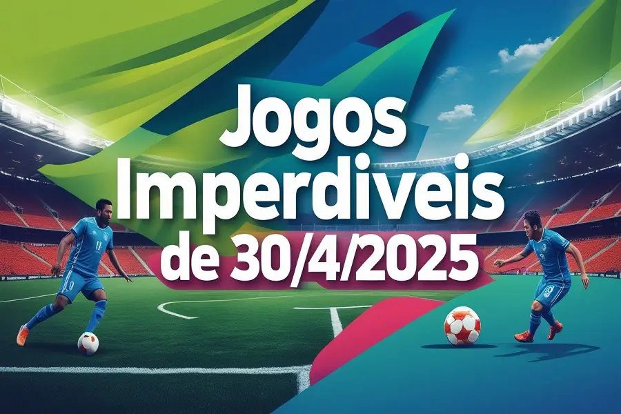 Montagem com estรกdio de futebol iluminadoatletas em aรงรฃo representando os principais jogos ao vivo do dia 30 de abril de 2025, incluindo Copa do Brasil