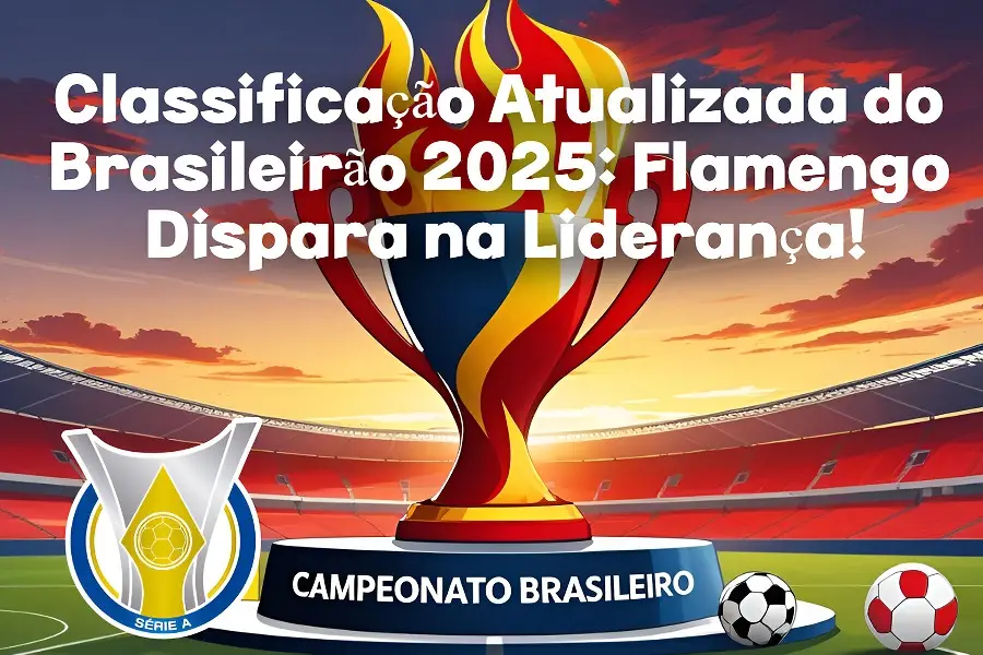 Imagem vibrante da classificação do Brasileirão 2025 com o Flamengo em primeiro lugar, estádio lotado e clima de emoção.
