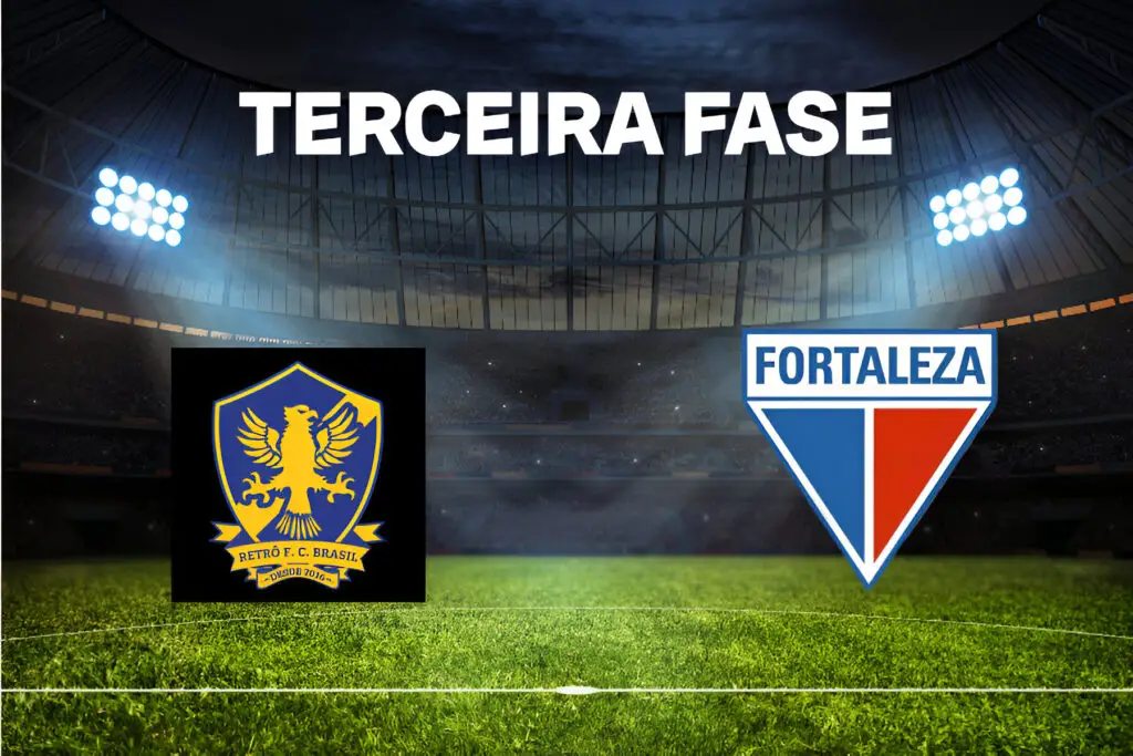 Escudos do Retrรด e do Fortaleza lado a lado com fundo esportivo, representando o confronto pela terceira fase da Copa do Brasil 2025