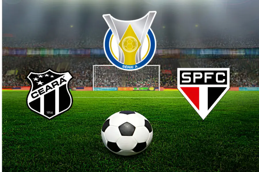 Logos do Ceará e São Paulo com informações sobre o confronto no Brasileirão 2025"