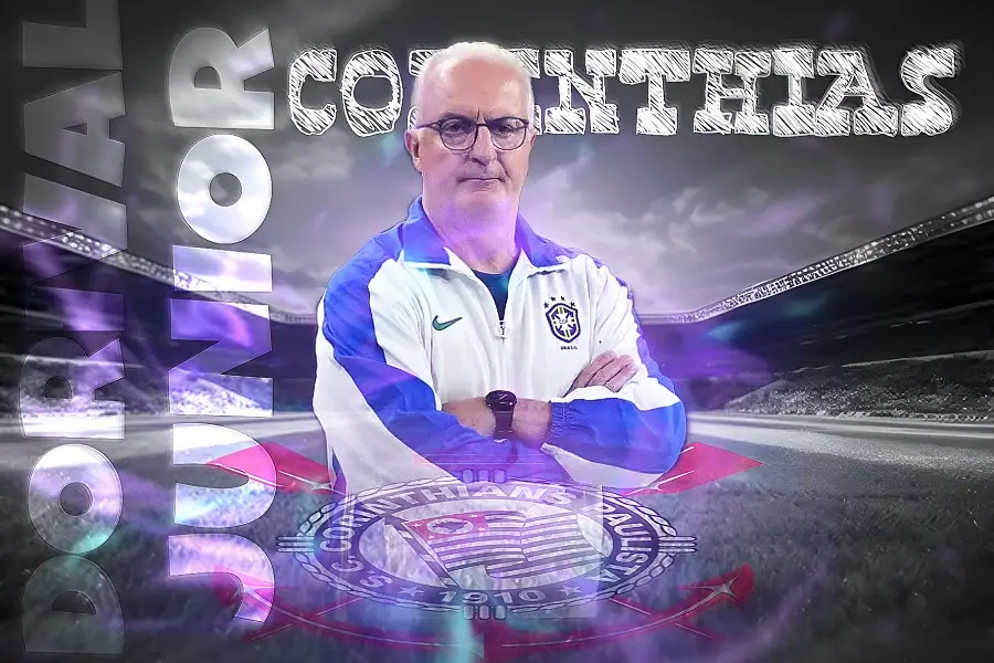 Montagem informativa com o escudo do Corinthians e a imagem do técnico Dorival Júnior, destacando a nova contratação para a temporada.