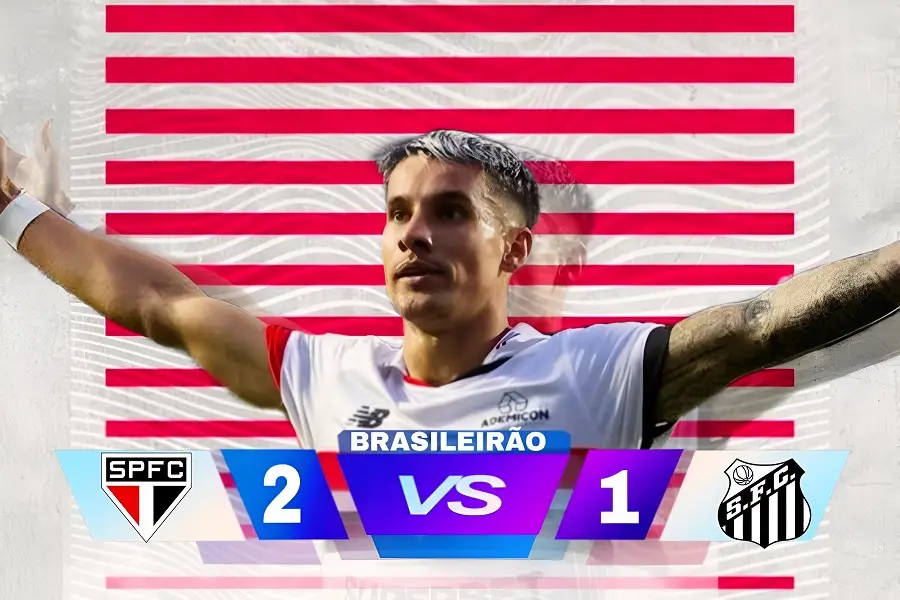 Imagem do flyer com Ferreirinha comemorando gol, escudo do Sรฃo Paulo e placar de 2x1 sobre o Santos no Morumbis pelo Campeonato Brasileiro 2025.