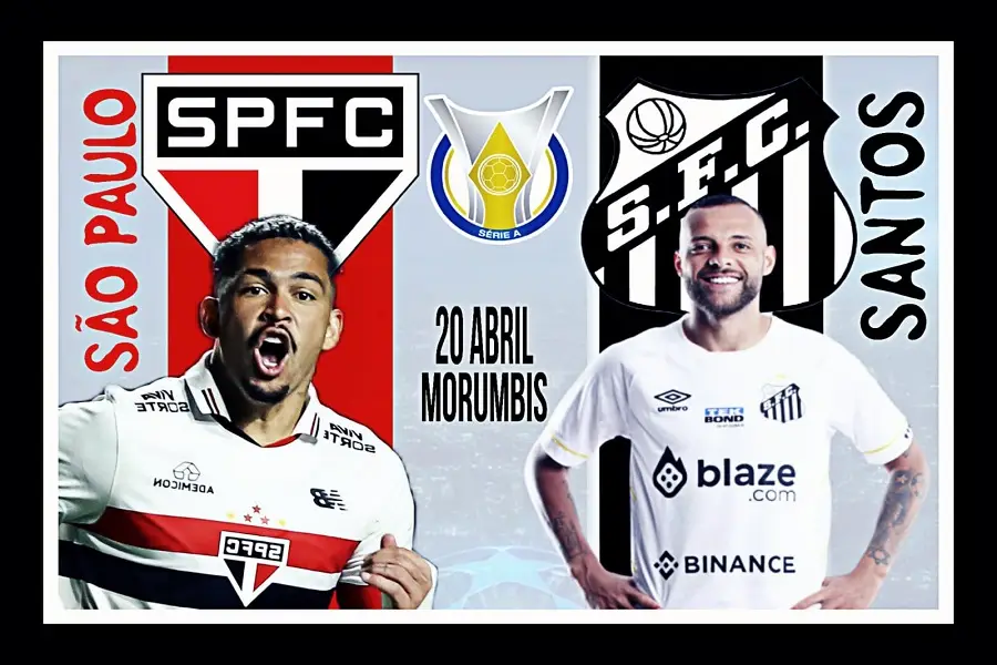 Montagem informativa com jogadores de São Paulo e Santos, trazendo as escalações e informações do clássico San-São pelo Brasileirão 2025, jogo realizado hoje, 20 de abril.
