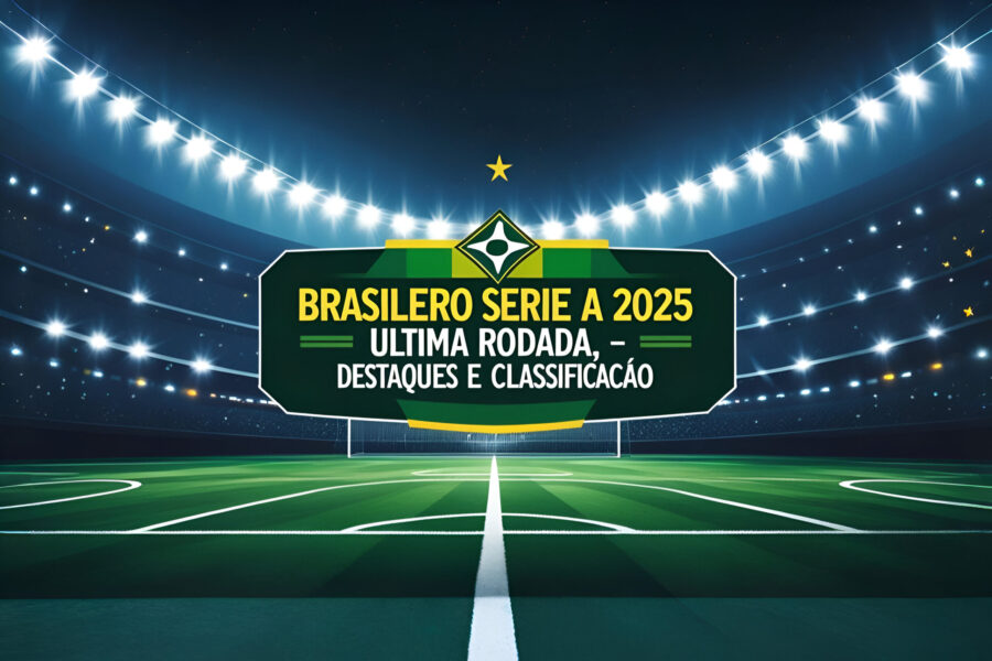 Banner informativo com o título 'Brasileirão Série A 2025 – Última Rodada, Destaques e Classificação', sobre um estádio de futebol iluminado à noite, representando a emoção da rodada final do campeonato brasileiro.