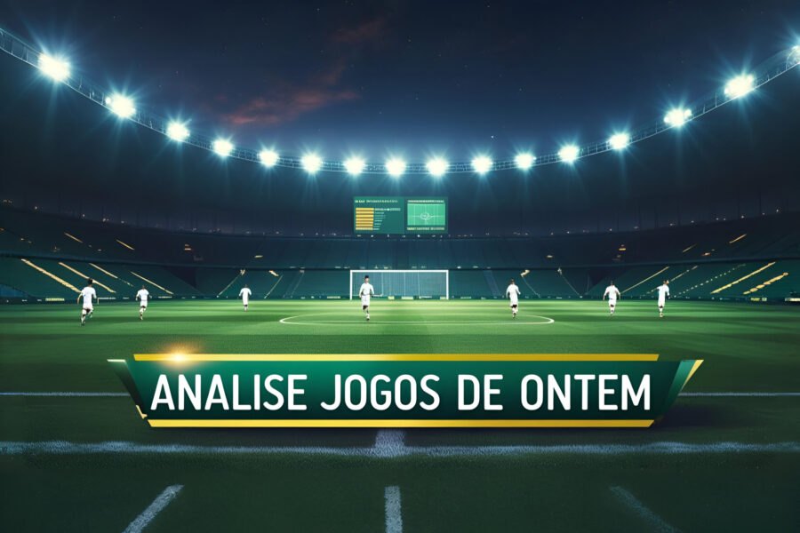 Imagem com a frase "Análise Jogos de Ontem" em destaque sobre um campo de futebol iluminado à noite, com elementos gráficos de estatísticas e placar, representando os resultados e principais momentos dos jogos de 15 de maio de 2025 pela Libertadores, Sul-Americana e Brasileirão. Ideal para posts esportivos e conteúdos de resumo de partidas.