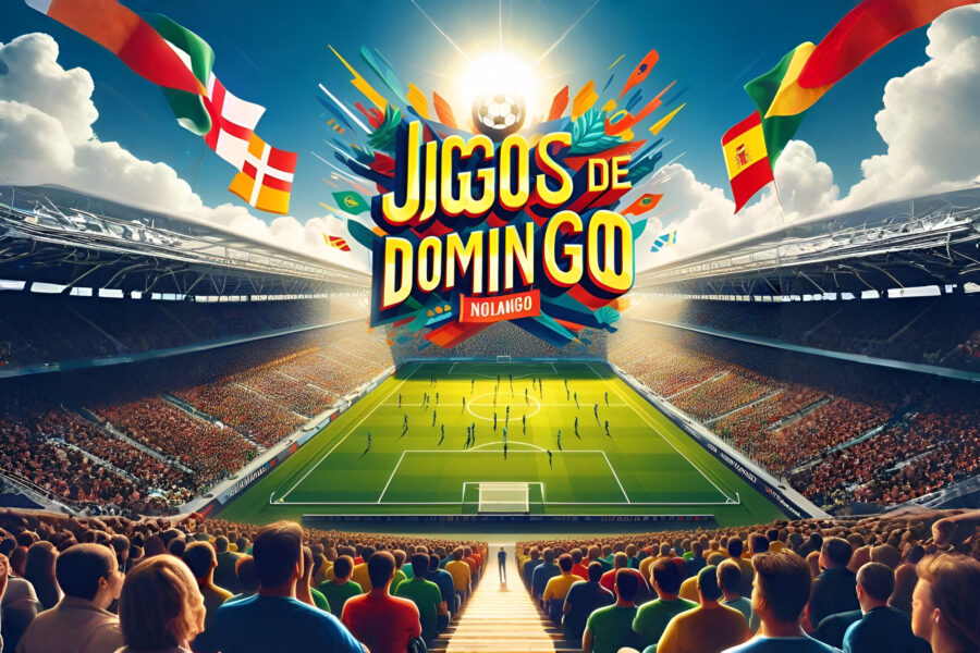Imagem ilustrativa com a frase "Jogos de Domingo" sobre um estรกdio de futebol lotado, representando os principais jogos do dia 11/05/2025 com bandeiras do Brasil, Inglaterra e Espanha.