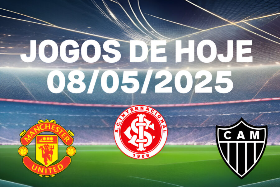 Imagem informativa destacando os jogos de futebol de hoje, 8 de maio de 2025, com destaque para Libertadores, Sul-Americana e Série B do Brasileirão