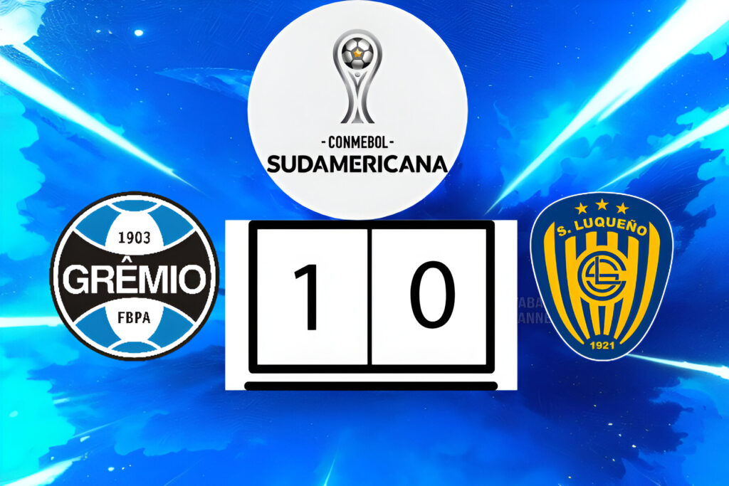 Jogadores do Grêmio comemoram vitória por 1 a 0 sobre o Sportivo Luqueño na Arena, com o placar destacado