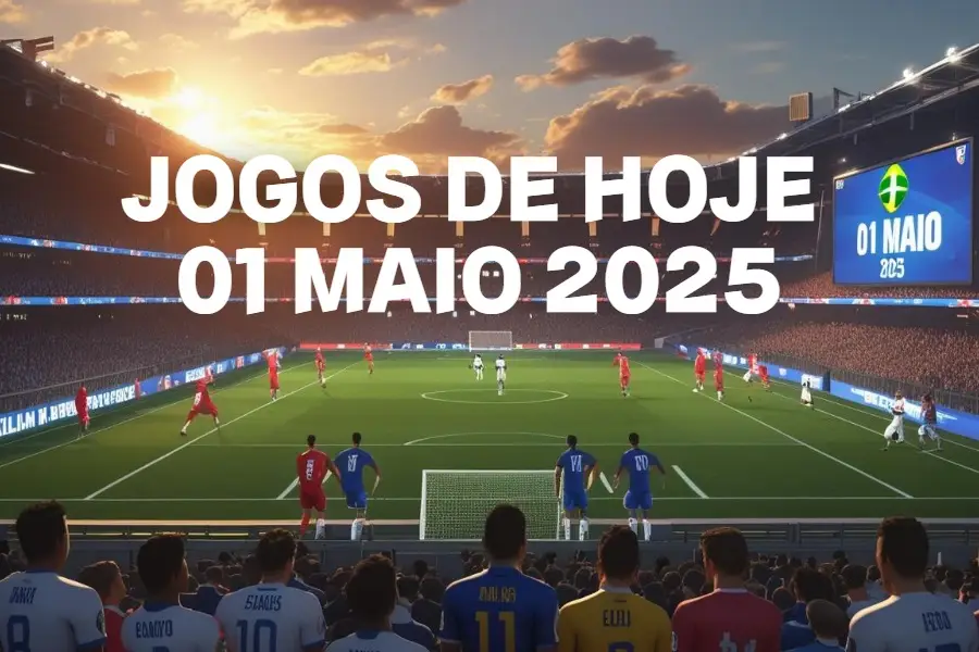 Imagem realista de estádio de futebol com jogadores em ação e torcida vibrando no dia 1º de maio de 2025, representando os jogos de hoje no Brasil e na Europa.