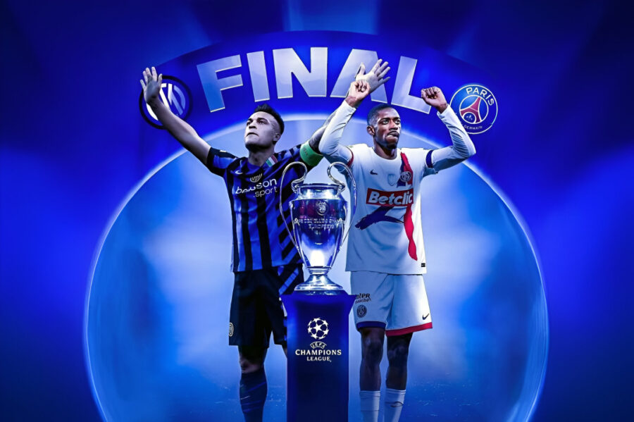 Flyer informativo com detalhes da final da Champions League 2025 entre PSG e Internazionale, incluindo data, local na Allianz Arena e opções de transmissão ao vivo.