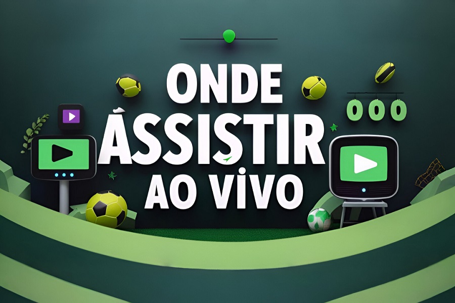 Imagem informativa com o texto 'Onde Assistir Ao Vivo', destacando opções de transmissão de jogos de futebol pela TV, streaming e dispositivos móveis.