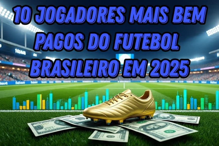 Chuteira dourada sobre notas de dinheiro em campo de futebol, com o título '10 Jogadores Mais Bem Pagos do Futebol Brasileiro em 2025