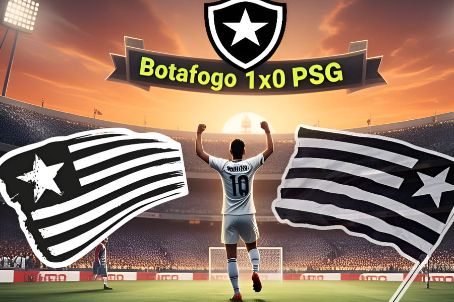 Jogador do Botafogo comemorando gol na vitória contra o PSG no Super Mundial de Clubes 2025, no estádio Rose Bowl lotado, com placar de 1x0 e torcida vibrando