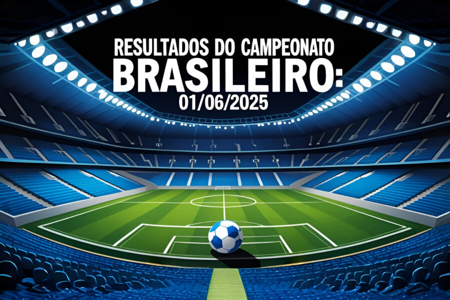 Imagem informativa mostrando os resultados do Campeonato Brasileiro em 01/06/2025, com estรกdio cheio, gramado verde e bola de futebol no centro, representando os jogos de domingo.