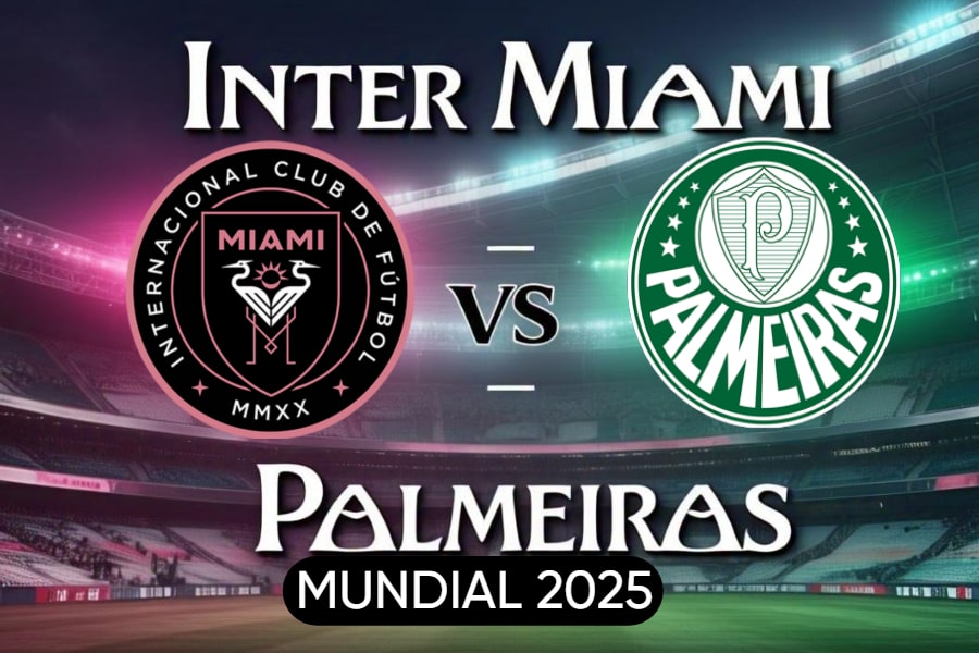 Escudos de Inter Miami e Palmeiras com o Hard Rock Stadium ao fundo, representando o confronto pelo Mundial de Clubes 2025