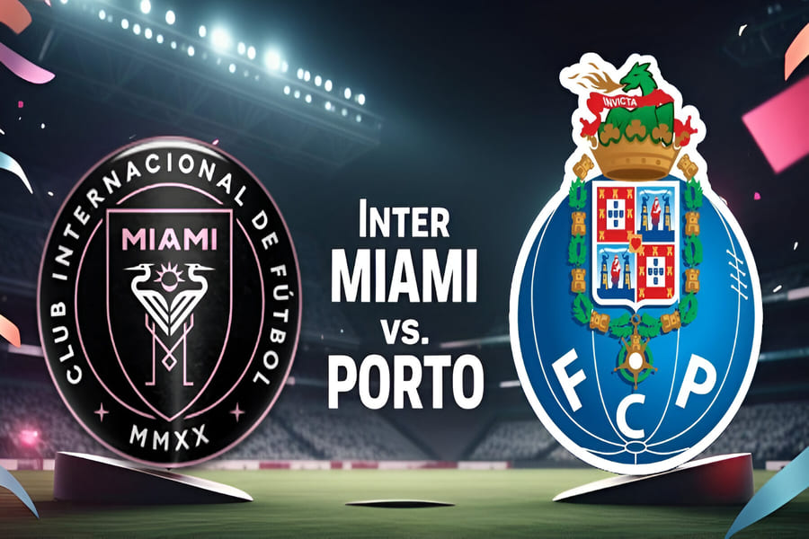 Escudos do Inter Miami e Porto com o estádio King Abdullah Sports City ao fundo, representando o confronto do Mundial de Clubes 2025