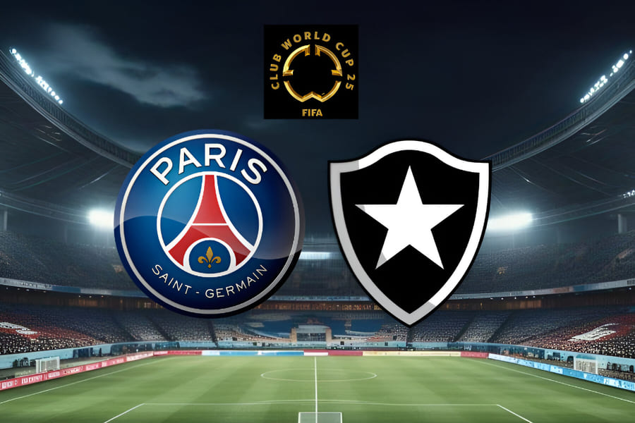 Imagem do estádio de futebol à noite com torcida em duas cores, azul e vermelho de um lado e preto e branco do outro, com emblemas abstratos representando times em confronto no Mundial de Clubes 2025