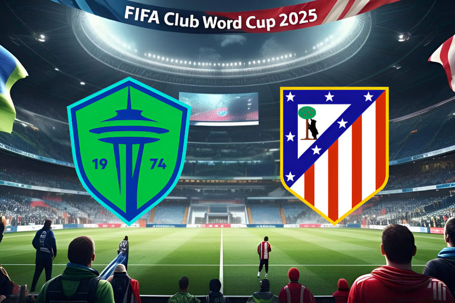 Estádio iluminado com bandeiras do Seattle Sounders e Atlético de Madrid, clima de decisão pelo Mundial de Clubes FIFA 2025