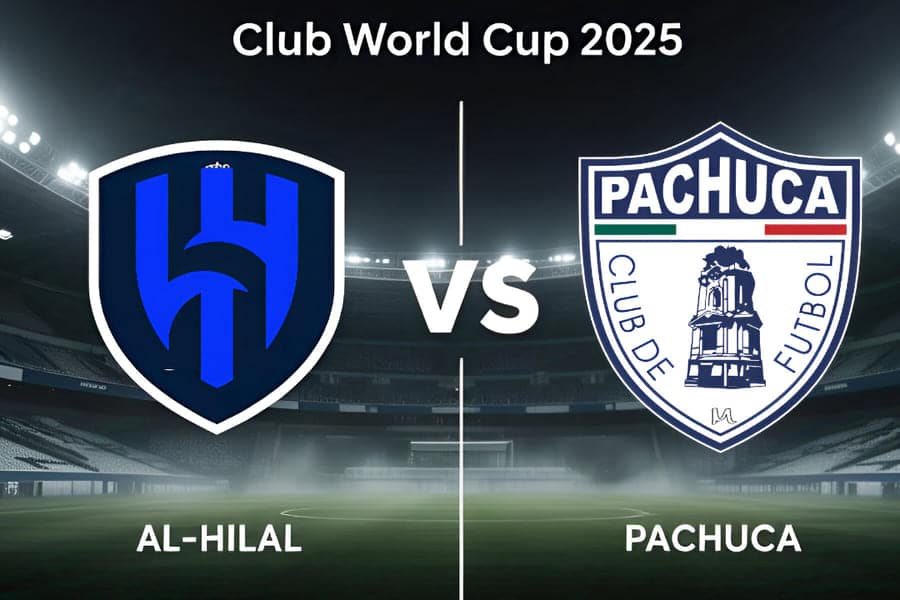 Imagem destacada do confronto entre Al-Hilal e Pachuca pela Copa do Mundo de Clubes FIFA de 2025, com logos dos dois clubes em destaque e o estádio Geodis Park ao fundo