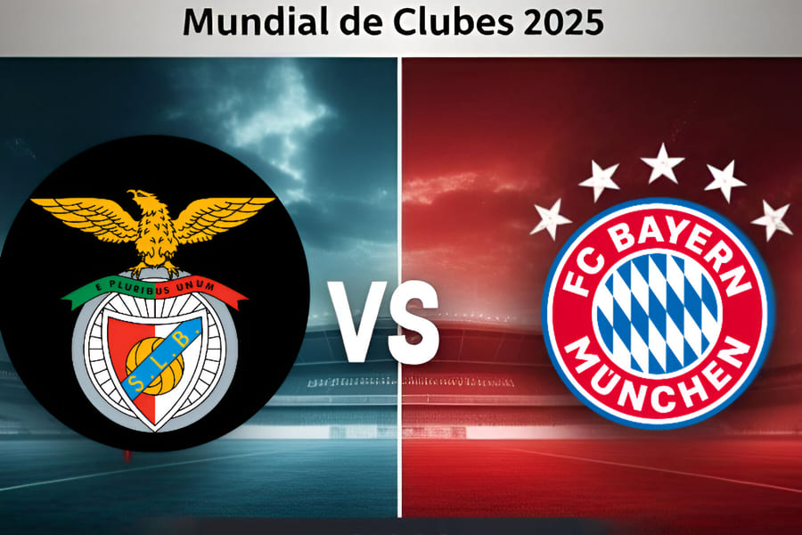 Imagem com os escudos de Benfica e Bayern de Munique frente a frente, com o Bank of America Stadium ao fundo, representando o jogo pelo Mundial de Clubes 2025, dia 23 de junho, às 16h (de Brasília).
