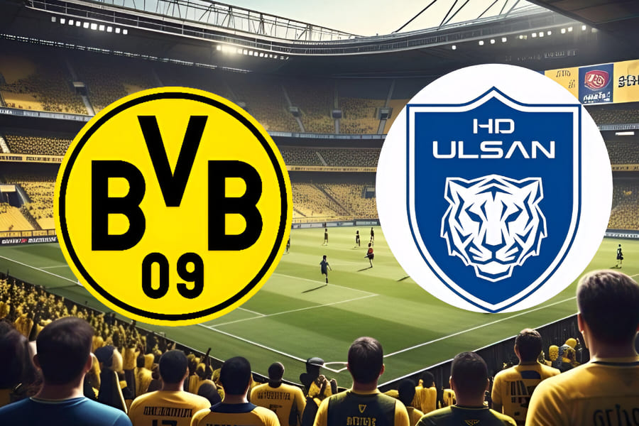 Jogadores do Borussia Dortmund e Ulsan HD disputam a bola em campo no TQL Stadium, em Cincinnati, durante o Mundial de Clubes 2025