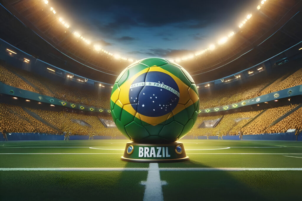 Imagem representando o jogo entre Brasil e Equador pelas Eliminatórias da Copa do Mundo de 2026, com jogadores em ação e torcida ao fundo.
