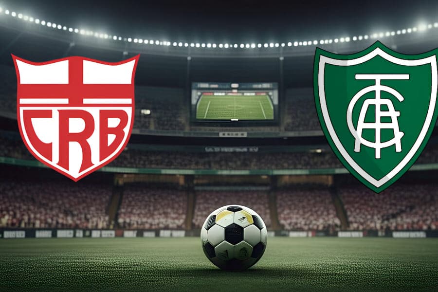 Imagem do jogo CRB x América-MG pela Série B 2025, com as logos dos dois clubes em destaque sobre o gramado iluminado do Estádio Rei Pelé, em Maceió, à noite.