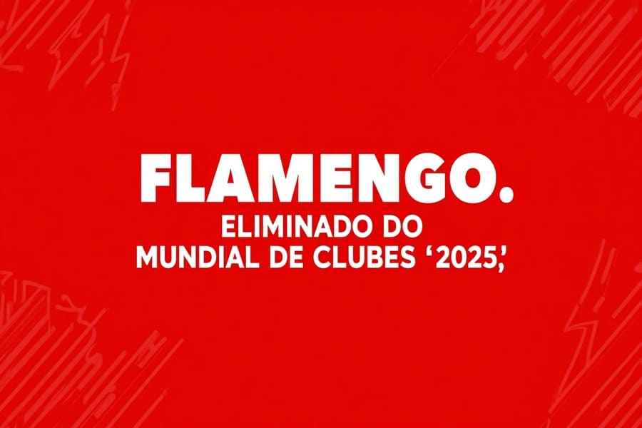 Imagem com fundo vermelho e branco nas cores do Bayern de Munique, mostrando o texto "Flamengo eliminado do Mundial de Clubes 2025" e o placar digital "Flamengo 2 - 4 Bayern de Munique", com a silhueta do troféu do Mundial de Clubes ao fundo em baixa opacidade.