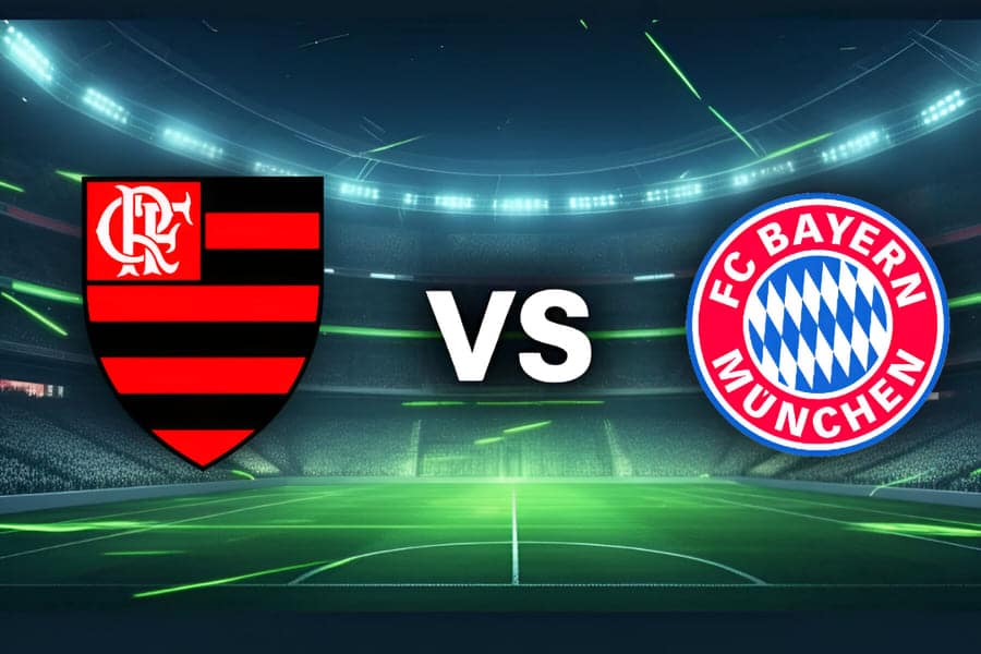 Logos do Flamengo e Bayern de Munique em destaque sobre fundo estilizado de estádio de futebol iluminado à noite, representando o duelo da Copa do Mundo de Clubes FIFA 2025.