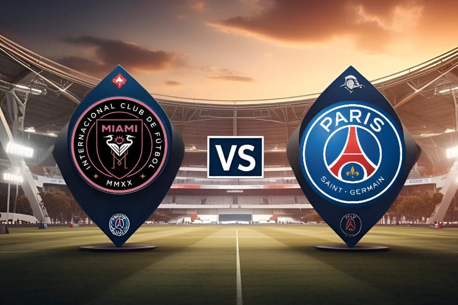 Logotipos do Inter Miami e do Paris Saint-Germain (PSG) em destaque sobre o fundo do Mercedes-Benz Stadium ao entardecer, promovendo o confronto pelas oitavas de final do Mundial de Clubes FIFA de 2025.