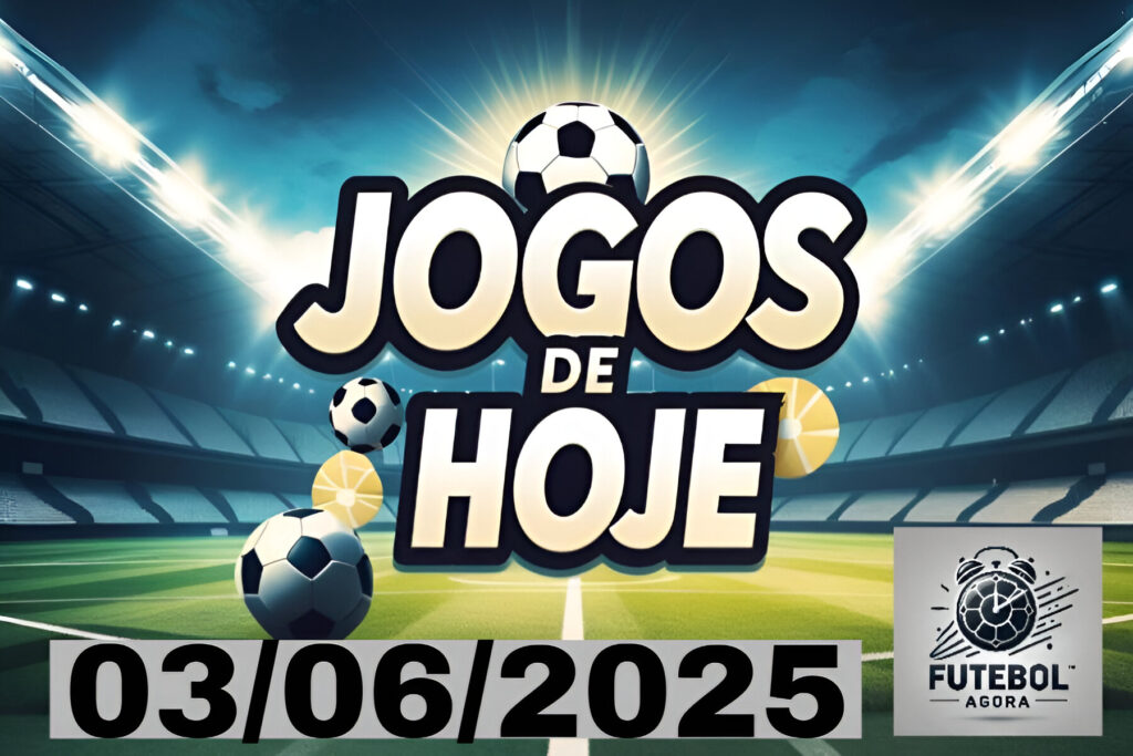 Imagem ilustrativa com jogadores de futebol em ação sobre gramado, com o título 'Jogos de Futebol Hoje (03/06/2025): Horários, Onde Assistir e Principais Análises', ideal para blog esportivo.