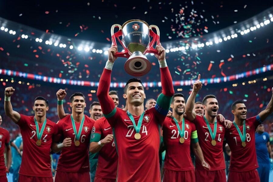 Cristiano Ronaldo levanta o troféu da Nations League 2025 em meio à comemoração da seleção de Portugal no estádio.