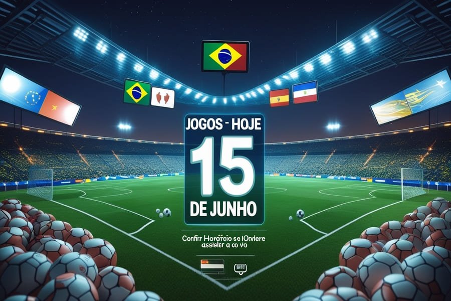 Imagem de estádio de futebol iluminado com telões exibindo bandeiras de Brasil, Alemanha, França e EUA. Texto escrito: Jogos de Hoje – 15 de Junho, onde assistir futebol ao vivo, com ícones de TV, celular e Wi-Fi, representando streaming online.