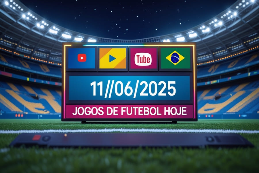Arte informativa com data 11/06/2025, bandeiras do Brasil e da União Europeia, ícones de transmissão ao vivo (TV e YouTube) e silhuetas de jovens jogadores em campo, destacando jogos de futebol do dia.
