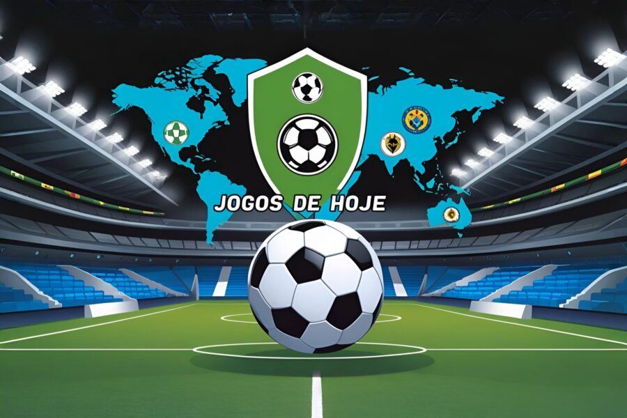 Imagem informativa com bola de futebol em campo ao pôr do sol, mapas estilizados da Europa e Brasil, e ícones de transmissão ao vivo, representando os jogos de hoje, 9 de junho de 2025.