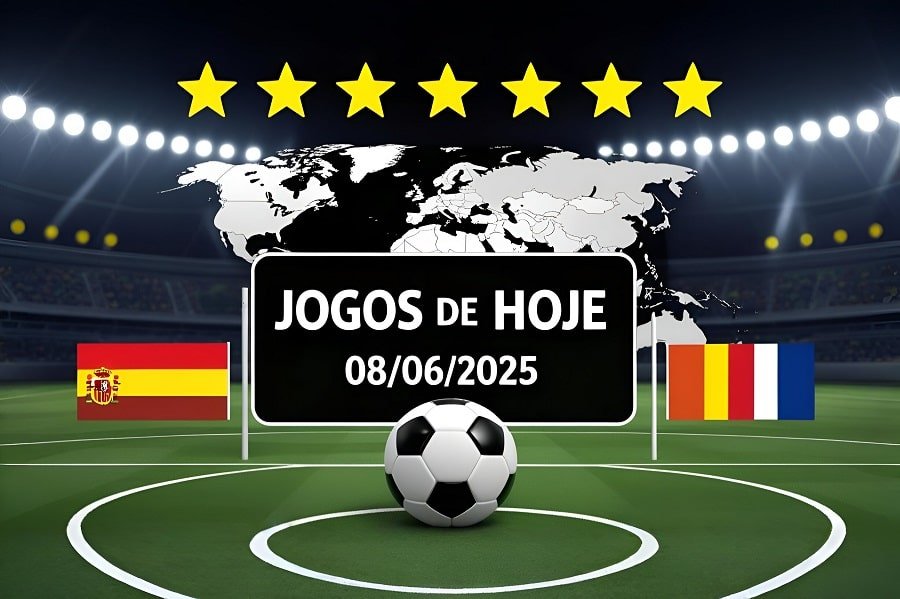 Calendário com os horários e canais para assistir aos jogos de hoje ao vivo (08/06), incluindo campeonatos nacionais e internacionais de futebol.