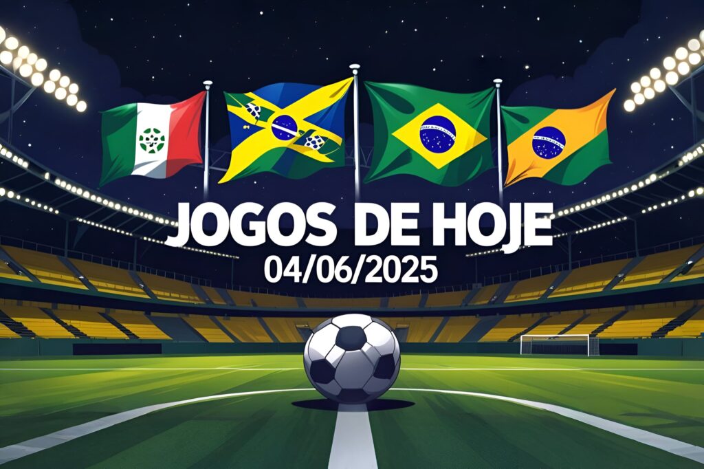 Imagem ilustrativa com o texto 'Jogos de Hoje 04/06/2025', mostrando estádio iluminado, bola de futebol e bandeiras representando as principais competições nacionais e internacionais do dia.