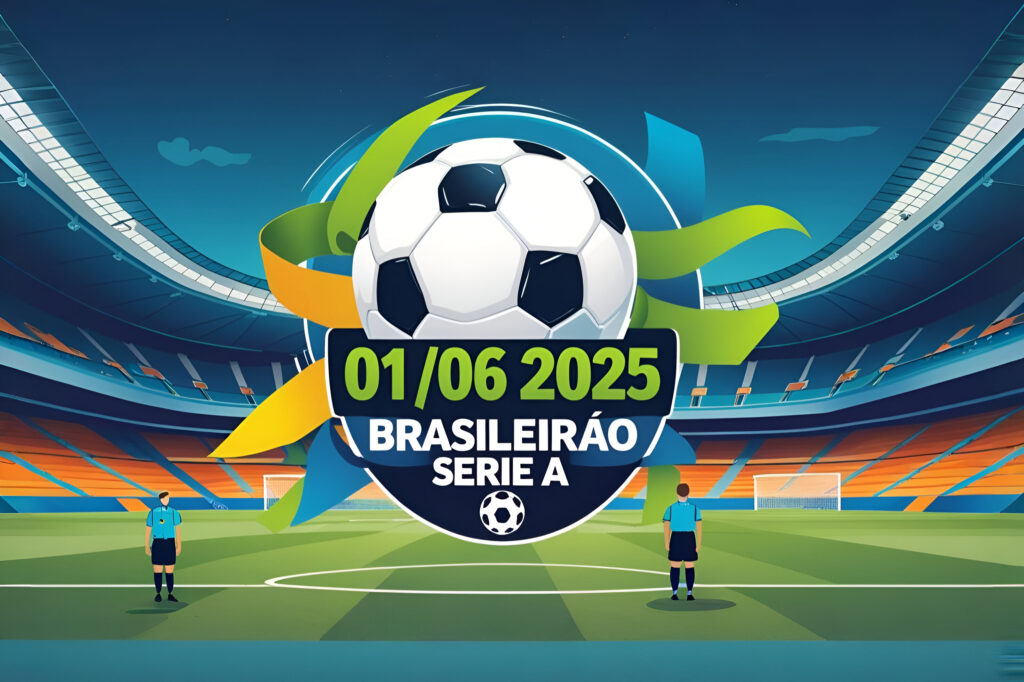 Imagem informativa com destaque para os jogos de hoje do Brasileirão Série A em 1º de junho de 2025, incluindo campo de futebol, jogadores em ação, arquibancadas cheias e informações sobre horários e onde assistir.