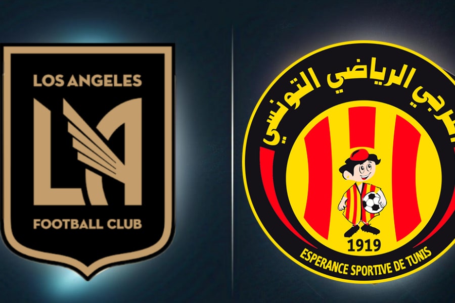 Logos dos times Los Angeles FC com cores preto e dourado e Espérance Tunis em vermelho e amarelo, representando o jogo decisivo do Mundial de Clubes 2025