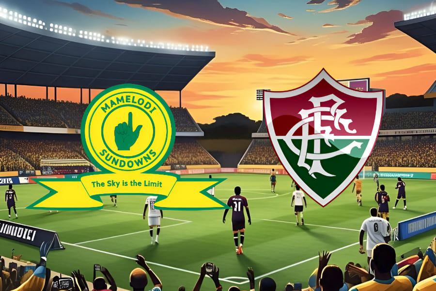 Jogadores do Mamelodi Sundowns e Fluminense disputando bola durante partida do Mundial de Clubes 2025 no Hard Rock Stadium, Flórida.