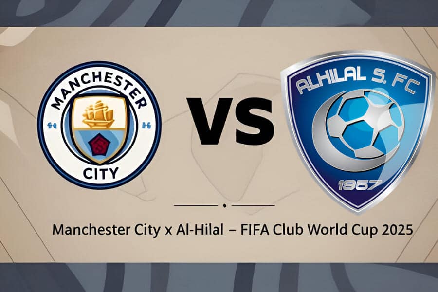 Logos oficiais de Manchester City e Al-Hilal lado a lado, com título do jogo Manchester City x Al-Hilal - Mundial de Clubes FIFA 2025, fundo neutro e design moderno.