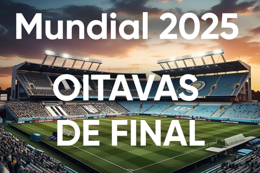 Estádio moderno iluminado à noite com arquibancadas cheias e painéis eletrônicos, cenário das oitavas de final do Mundial de Clubes FIFA 2025 nos Estados Unidos.