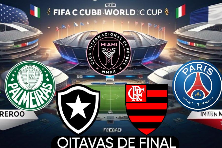 Ilustração dos estádios e escudos dos clubes nas oitavas de final do Mundial de Clubes 2025, com destaque para Palmeiras, Botafogo, Flamengo, PSG e Inter Miami, em ambiente esportivo vibrante e moderno, sem jogadores.