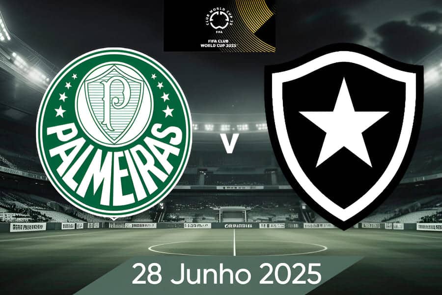 Escudo do Palmeiras e escudo do Botafogo lado a lado, com estádio iluminado ao fundo na Filadélfia para o confronto do Mundial de Clubes da FIFA 2025, marcado para 28 de julho