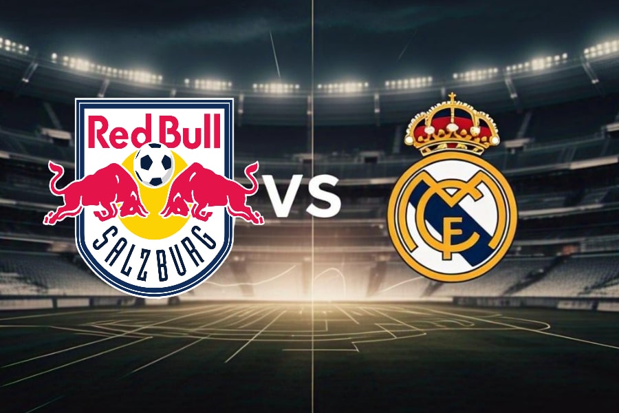 Logos de RB Salzburg e Real Madrid frente a frente com o Estádio Lincoln Financial Field ao fundo iluminado à noite, representando o confronto pela Copa do Mundo de Clubes FIFA de 2025