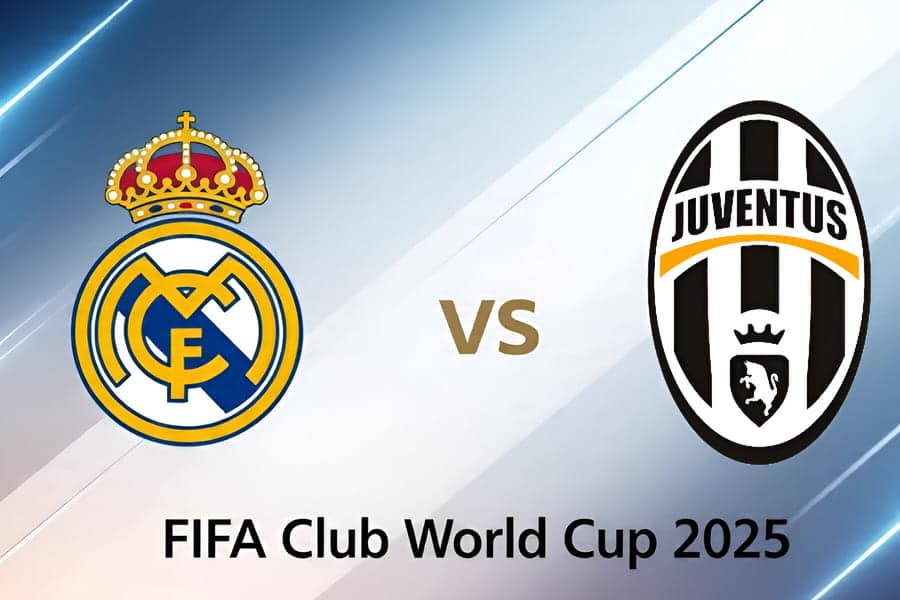 Logos do Real Madrid e Juventus em destaque com fundo estilizado nas cores oficiais do Mundial de Clubes FIFA 2025, transmitindo intensidade e competição nas oitavas de final.