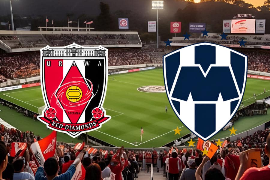 Estádio Rose Bowl em Pasadena ao entardecer, com as logos do Urawa Red Diamonds e Monterrey e o logo do Mundial de Clubes FIFA 2025, ambiente preparado para a partida