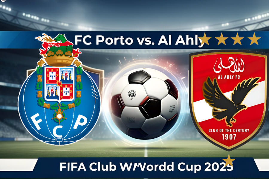 Imagem dos escudos de Porto e Al Ahly com fundo do MetLife Stadium, destacando o jogo da 3ª rodada do Mundial de Clubes FIFA 2025, em 23 de junho.