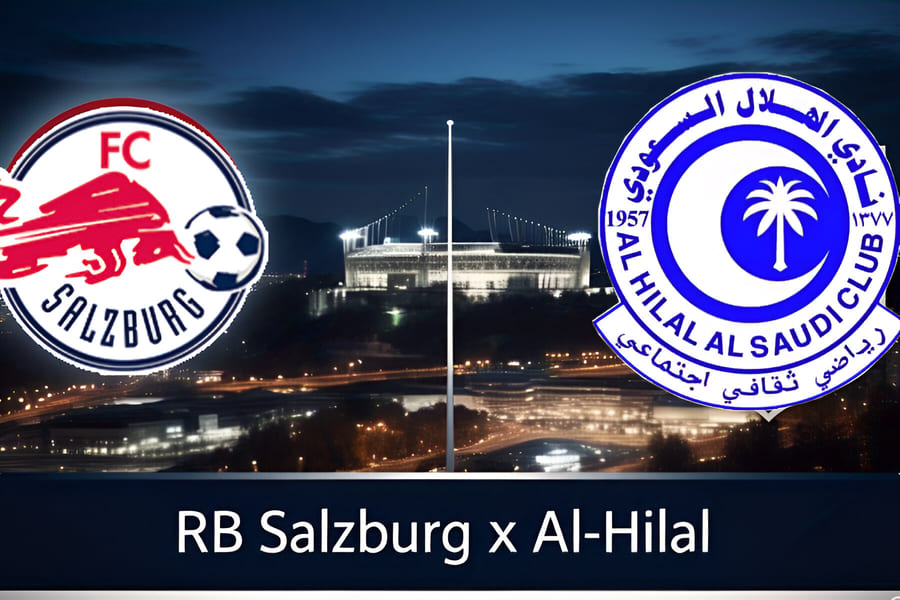 Imagem das logos oficiais do RB Salzburg e Al-Hilal em destaque com o estรกdio Audi Field ao fundo, iluminado para o jogo do Mundial de Clubes FIFA 2025 โ Grupo H.